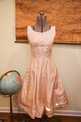 Vintage Carole King 50s Pink Taffeta Dress with sequined swirl details on bodice.