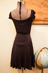 Vintage Betsey Johnson black dress back, showing fitted waist and flared ballerina skirt.
