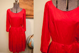 Split image showing the vintage red dress in full and a close-up of its lustrous bodice and scoop neck.