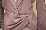Anne Klein suit jacket detail: light grey brown mercerized wool, pleated waist, covered buttons.