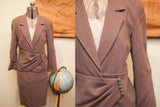 Vintage Anne Klein suit blazer: light brown mercerized wool with draped button detail.