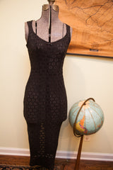 Black vintage Betsey Johnson dress with scalloped trim neckline and floral cut-outs.