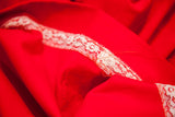 Red velvet skirt detail with intricate white lace trim and visible stitching.