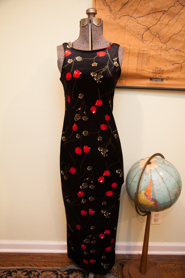 Vintage Floral Black Tight Dress // ONH Item 1603