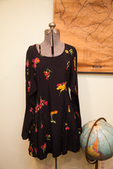 Vintage Betsey Johnson black dress, vibrant pink, red, and yellow floral print, size Medium.
