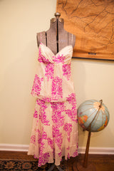 Vintage Betsey Johnson floral two-piece dress, ivory with fuchsia graffiti flowers.