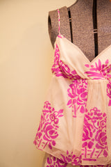 Vintage Betsey Johnson dress bodice featuring ivory fabric and bright fuschia graffiti floral motifs.