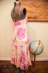 Vintage Betsey Johnson two-piece dress back, ivory with fuchsia graffiti style floral print.
