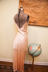 Vintage 30s Satin Pink Gown with deep plunged back and elegant flowing drape.