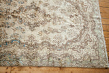 Baroque and rococo floral motifs with ivory, brown, blue, and seafoam green abrash.