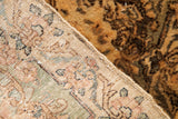 Hand-knotted Kerman rug's visible foundation, beige and sea foam green, with golden textured pile.