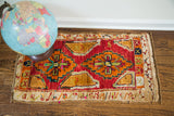 Deep red vintage Turkish rug with whimsical double medallion and plush pile, 1'8