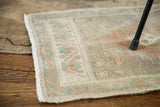 Plush pile texture of a blanched pastel Turkish rug with creamy fringe.