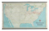 Vintage 1930s Pennsylvania Railroad pull-down map, red lines, blue oceans, aged paper, dowels.
