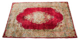Plush Cyrus Crown Kerman rug, cochineal red field, ornate floral medallion, 4'4