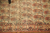 Worn beige and red paisley boteh field with intricate borders on antique Kerman rug.