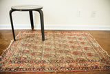 Signed antique Lavar Kerman rug, distressed paisley boteh pattern, faded beige and red, 2'6