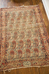 Worn antique Signed Kerman rug, allover Paisley boteh, muted red, beige, 2'6