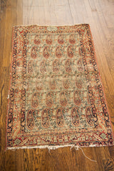 Worn Paisley boteh pattern and distressed fringe on antique Kerman rug's bottom right.