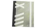 Minimalist abstract painting in black, white, and grey with bold geometric stripes on canvas.