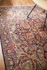 Detailed red, blue, cream floral motifs and dark border of a late 19th century Persian rug.