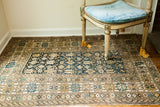 Antique Caucasian rug with unusual abrashed teal blue field and earth tone geometric patterns, 3'5