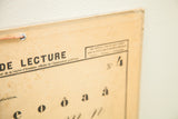 Aged corner of 19th century French alphabet chart, 'DE LECTURE' text and metal eyelet.