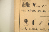 Close-up of vintage French alphabet chart with black text, illustrations, and aged patina.
