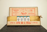 19th century Cuban Cigar Box open, displaying 'Give Me A Trial' graphics, patina, and bottles.