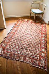Distressed ivory pile with red floral motifs and a unique rose border.