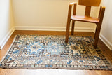 Vintage Caucasian Kazak rug featuring light blue, cream, brown geometric Lesghi design, 3'8