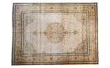 Distressed vintage Tabriz Persian rug, covered field pattern in silver, ivory, rust, blue.