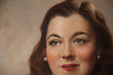 Woman's gazing eye, rosy cheek, and textured canvas from the 1950s oil portrait.