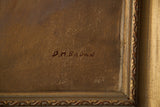 Signature B M Brown on textured oil painting canvas, framed by ornate gold molding.