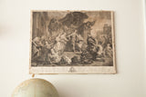 18th Century French Engraving, sepia-toned historical scene with figures and aged paper imperfections.