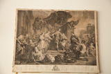 Detailed upper view of classical figures in the sepia-toned 18th century French engraving.