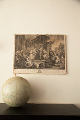 18th century French engraving with a detailed historical scene, displaying antique wear.