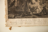 Aged lower section of an 18th century French engraving, with ornate text and visible peeling.