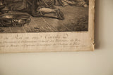 Bottom right detail of 18th century French engraving showing aged paper and peeling.