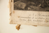 Detailed view of antique French engraving showing aged paper, peeling, spots, and script.