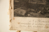 Bottom corner of 18th century French engraving with peeling paper and visible text.