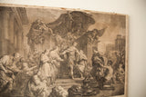 18th Century French Engraving depicting kneeling figures and architecture, with distressed paper edge.