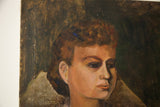 Vintage lady's portrait, right face details with reddish hair, ear, textured dark background, chips.