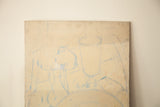 Aucello unfinished still life's bottom section, with light blue outlines on roughened canvas.