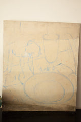 Salvatore Aucello unfinished still life painting with blue outlines and roughed lower edge.
