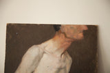 Salvatore Aucello painting, man's profile, neck, shoulder, chippy oil texture against dark brown.