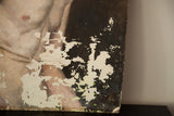 Detail showing the vintage Salvatore Aucello painting's chippy dark paint surface.