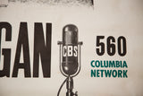Vintage CBS microphone graphic with bold black and teal text on the WGAN radio poster.