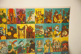 Detail of vintage 1970s tarot card proof sheet, displaying colorful uncut card designs.