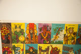 Uncut vintage 1970s tarot card proofs on heavy paper, vibrant figures.